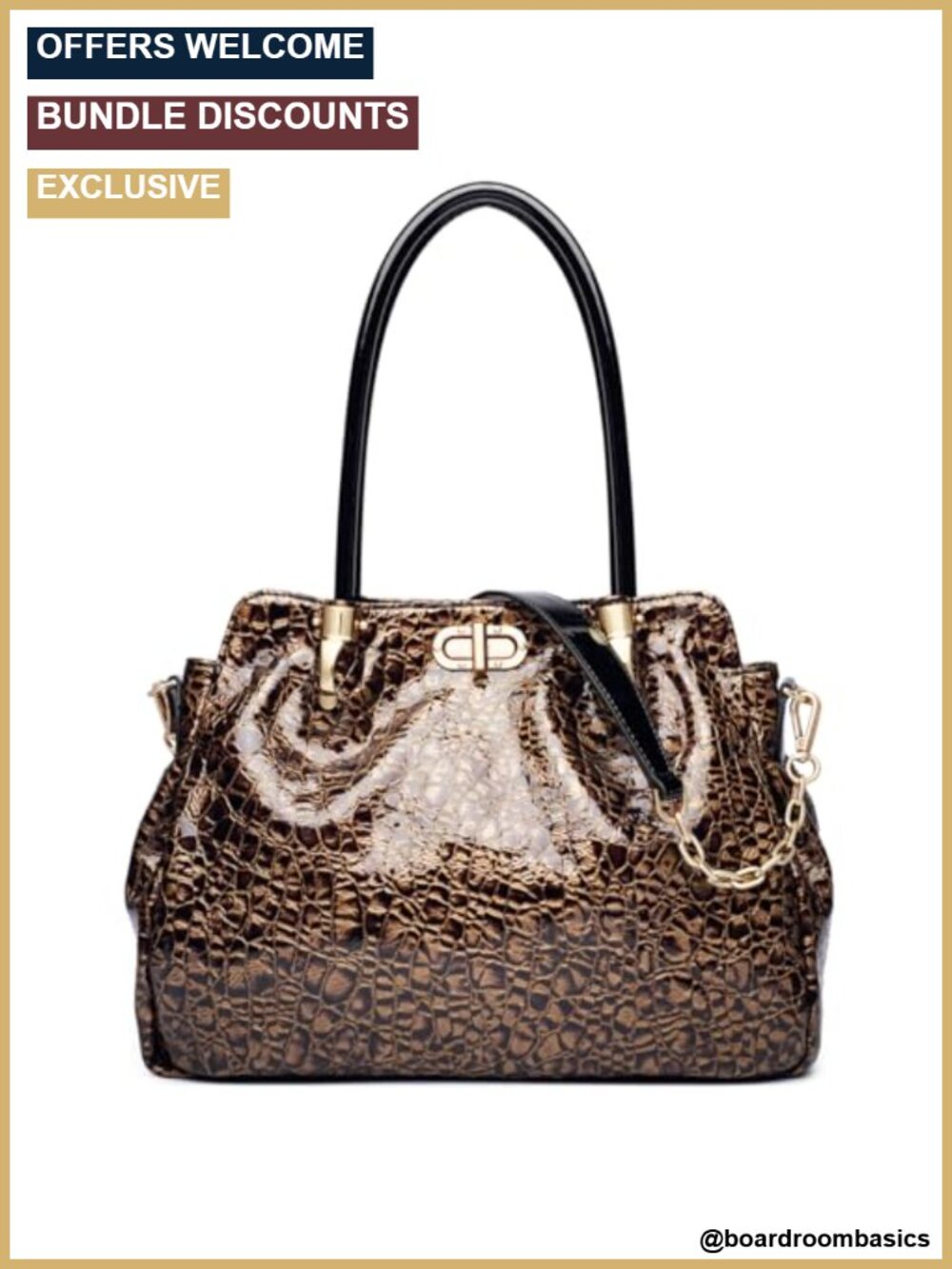 Genuine Leather Tote Bag with Shoulder Strap, Crocodile Embossed Patent Leather